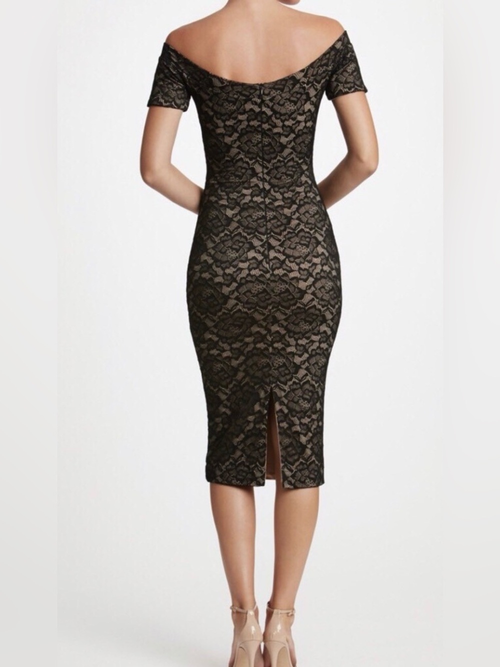 DRESS THE POPULATION 'JEMMA" MIDI‎ LACE DRESS BLACK NUDE Sz S Bodycon boat Neck